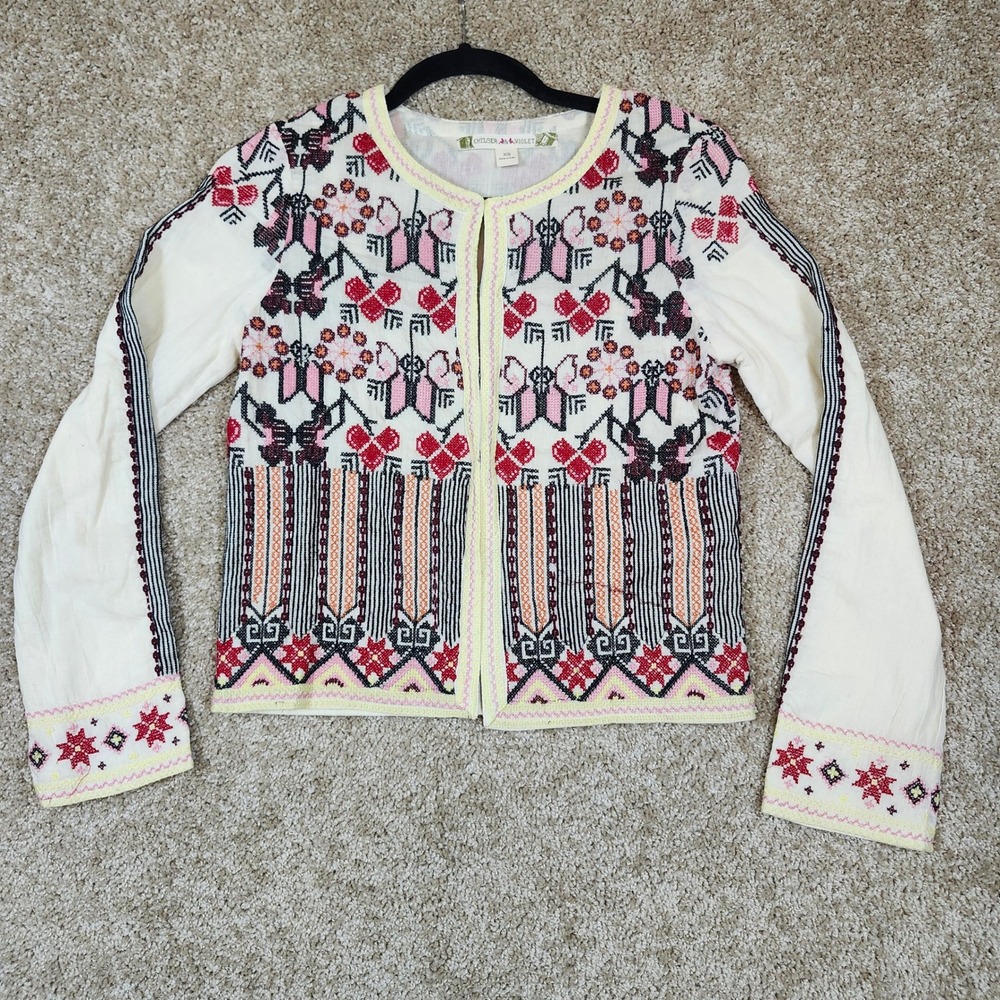 Chelsea & Violet Jacket Embroidered Boho Floral Ivory Pink Red‎ Size XS - Picture 2 of 12